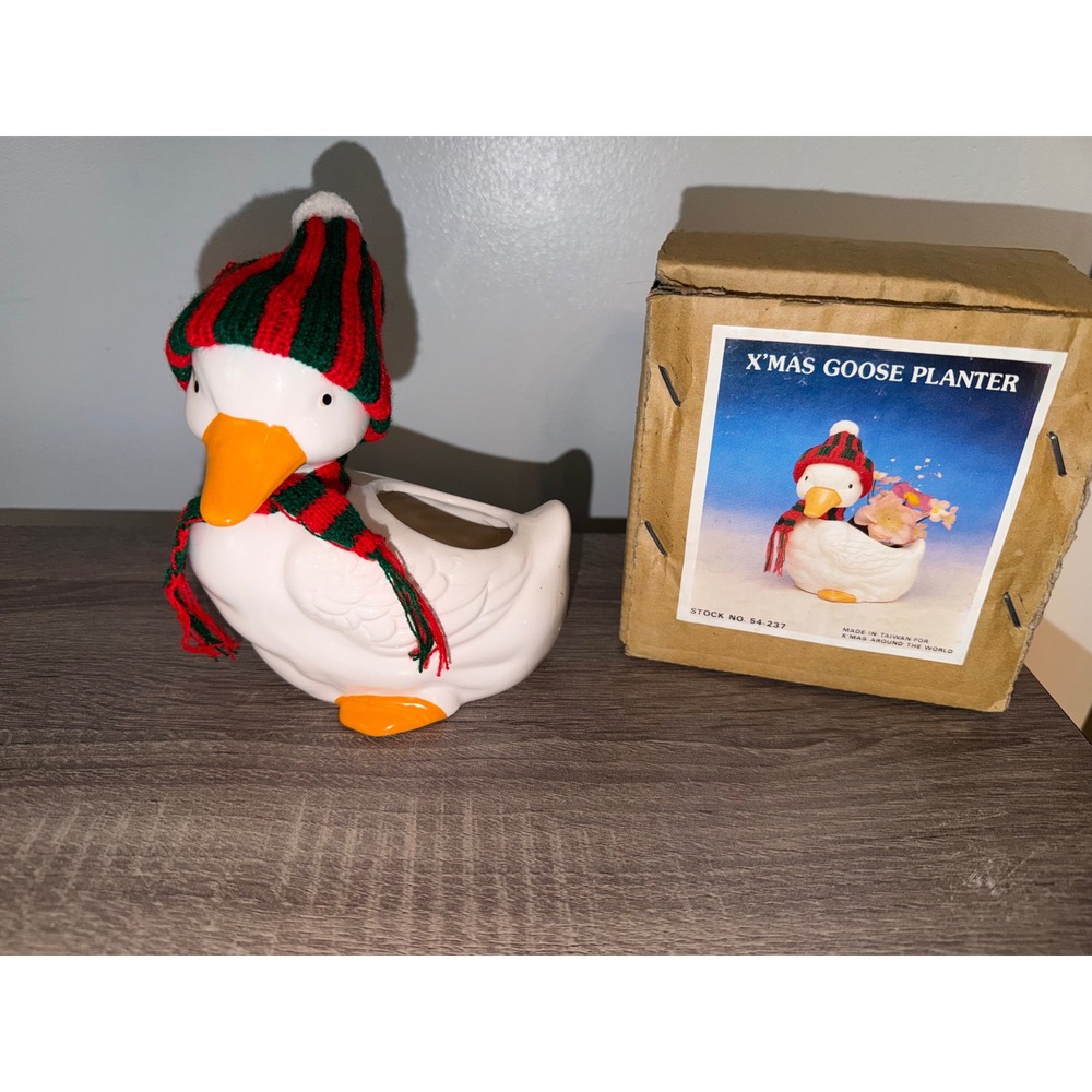 Vintage Christmas Goose Planter Ceramic Holiday Duck with Knit Hat and Scarf